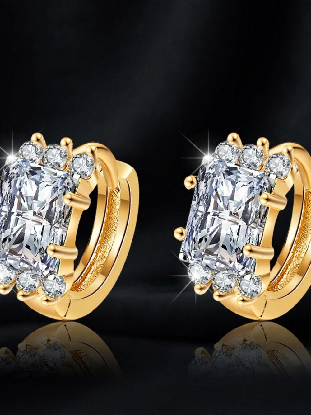 Clear White Zirconia Huggie Hoop Earrings Gold - Emerald Cut Crystal Hoops
